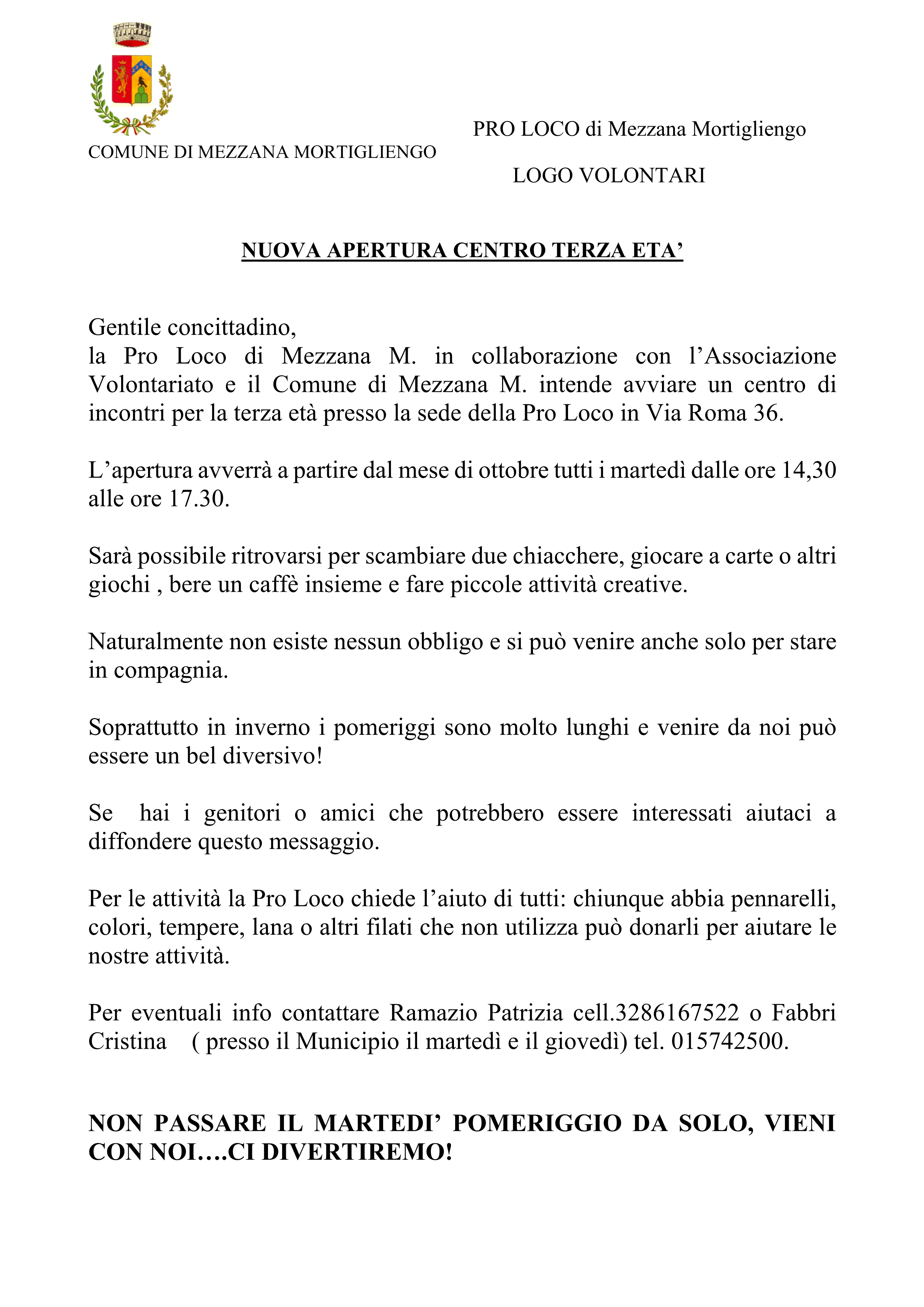 Apertura centro incontri anziani